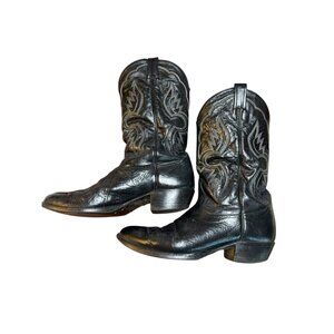 Tony Lama black leather cowboy boots with flame stitching Size 12